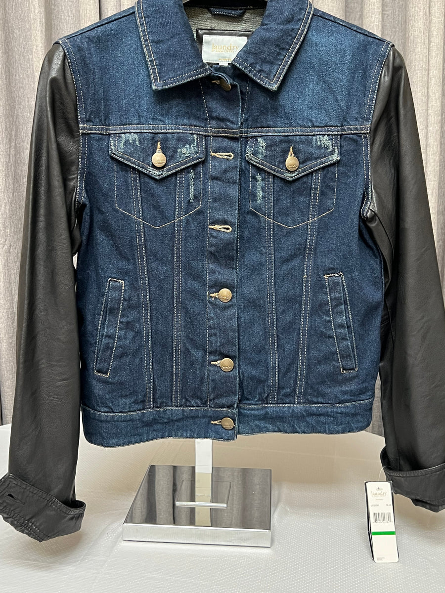 Womens denim jacket with faux hot sale leather sleeves