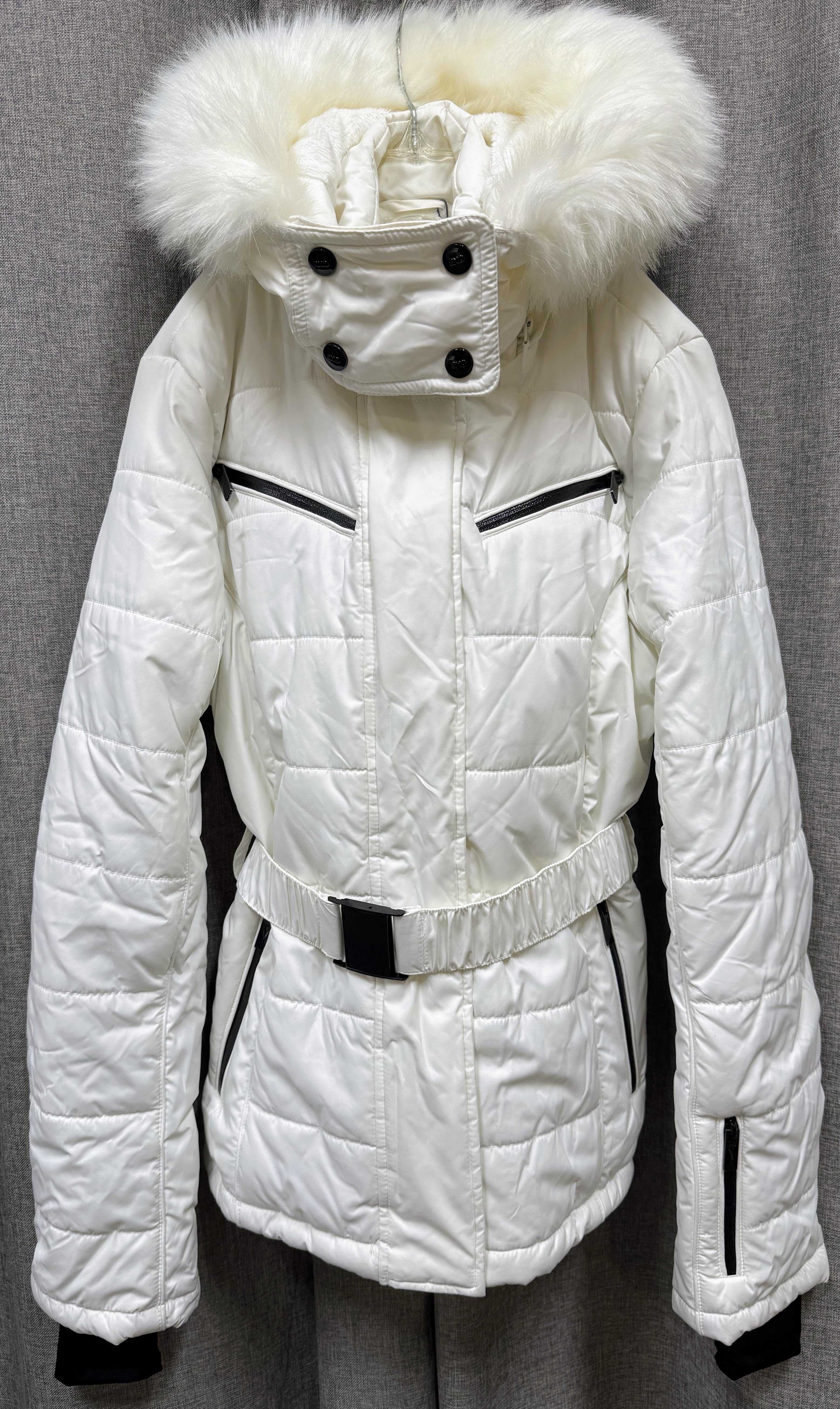 TopShop Sno Puffer Hooded White Belted Jacket | Size 8