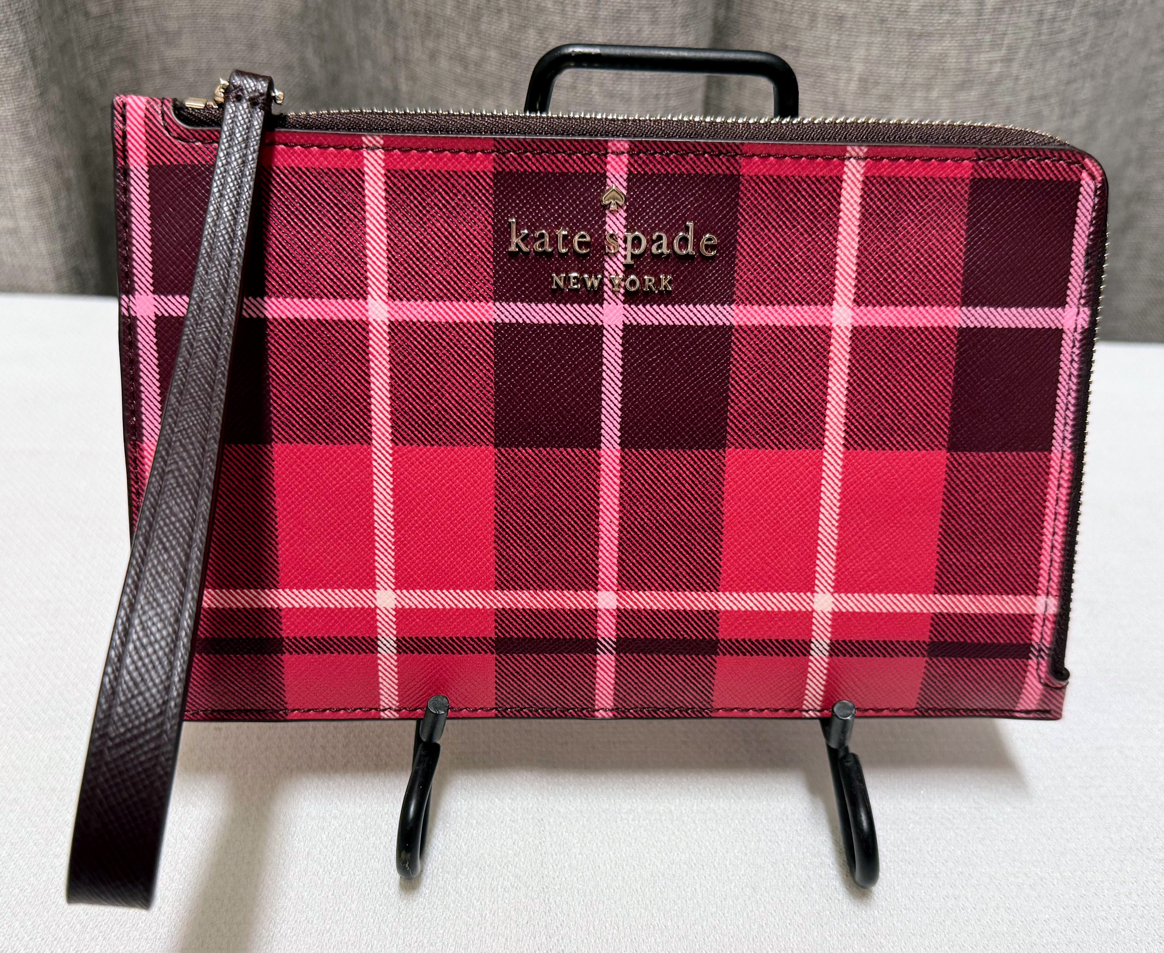 Kate Spade Staci Plaid Medium L-zip Wristlet