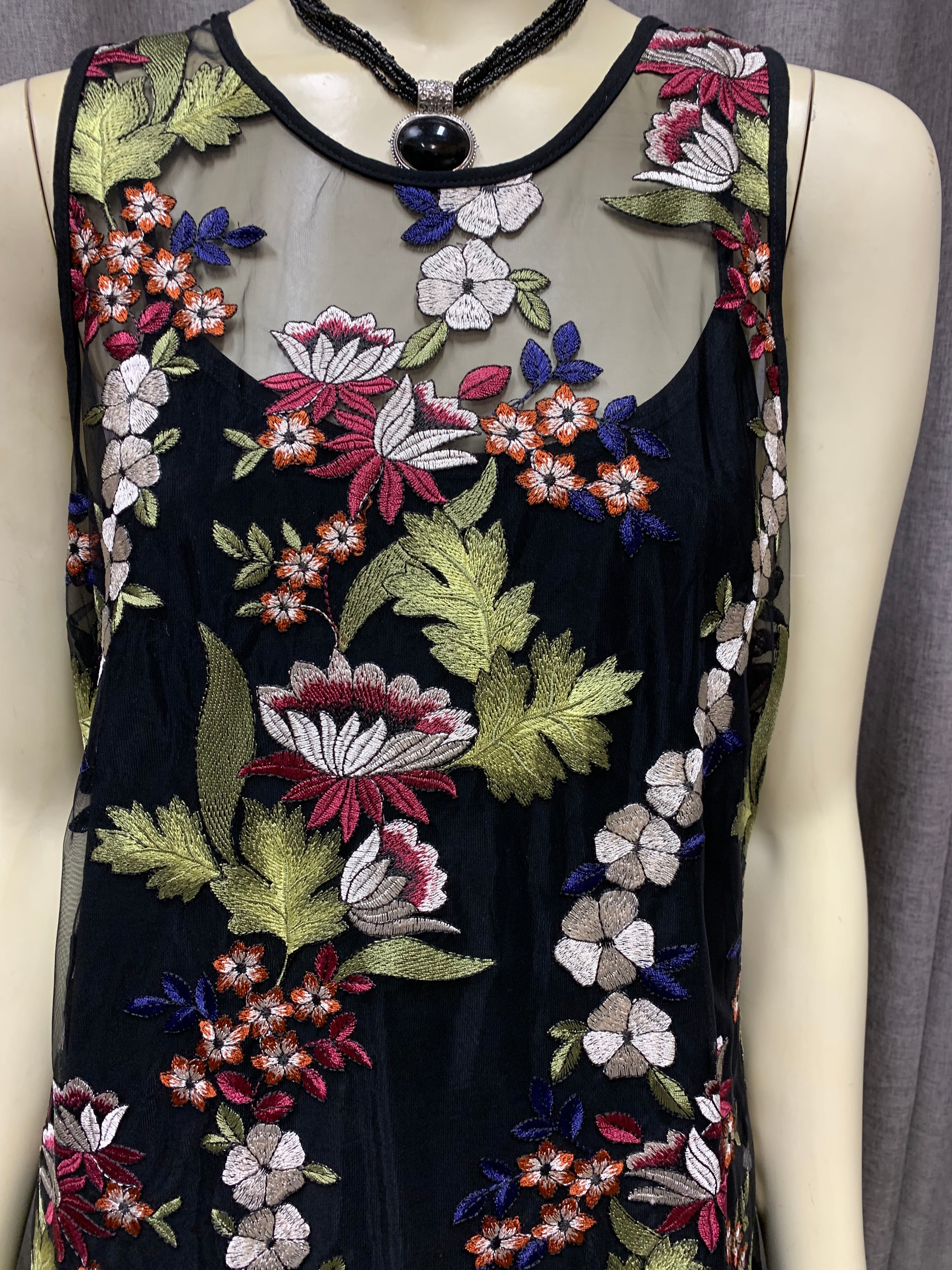 Karen Kane Wine Country Black-Multi Floral Embroidered Net Dress / Size 12