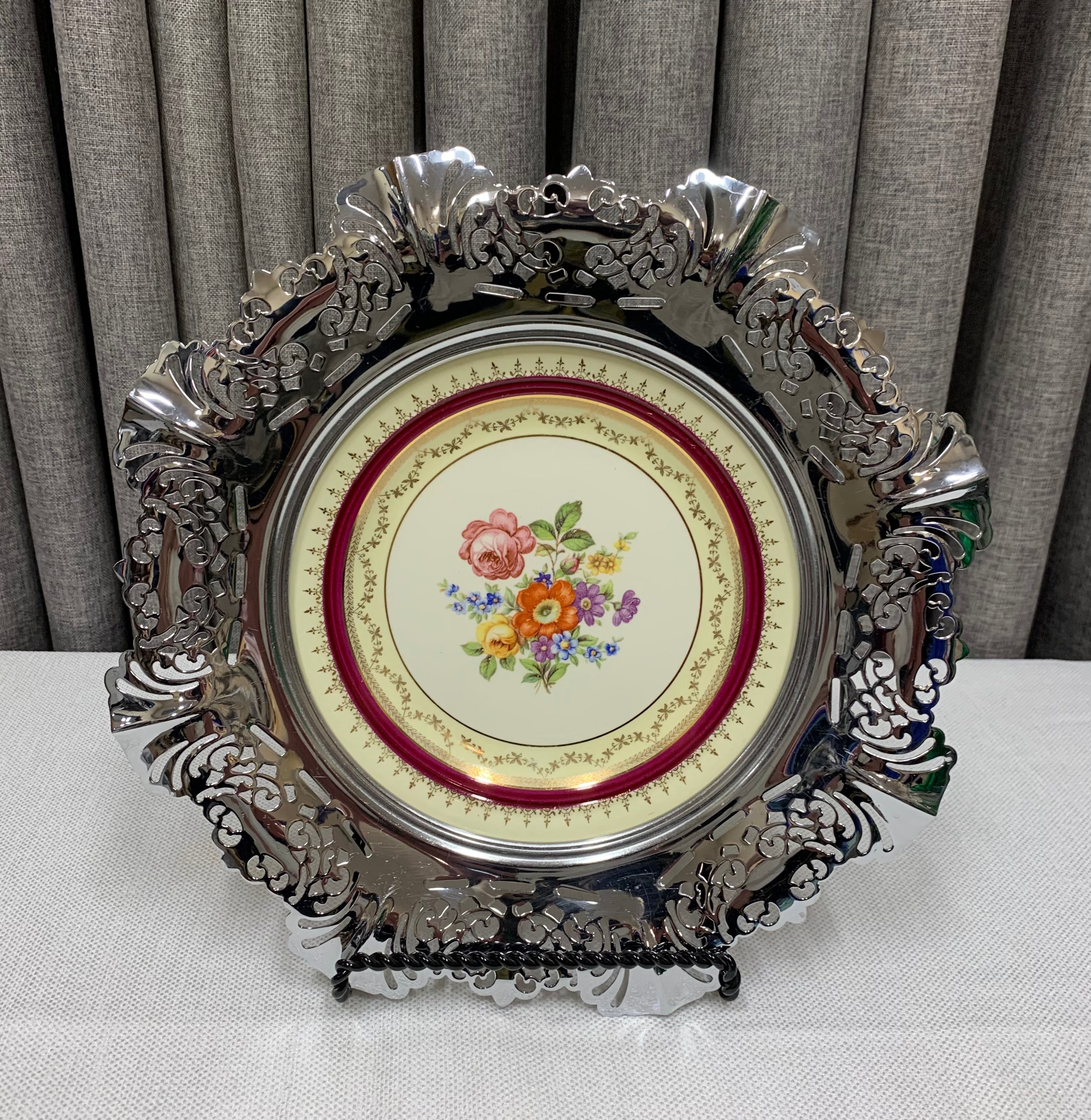 Vintage Krome -Kraft /Farber Bros. Chrome Bordered Floral Pattern Porcelain Plate